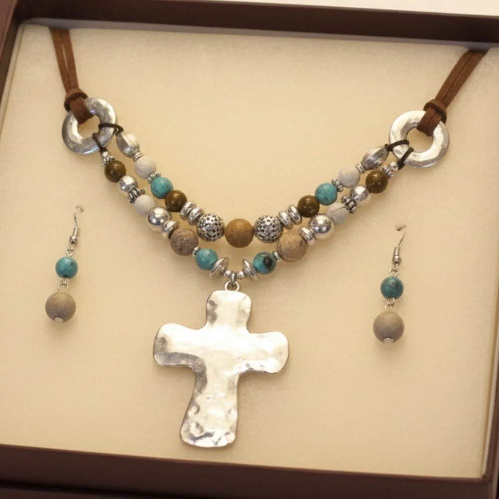 Womens  Hammered Metal Cross Beaded Cord Necklace‎ Earring Set